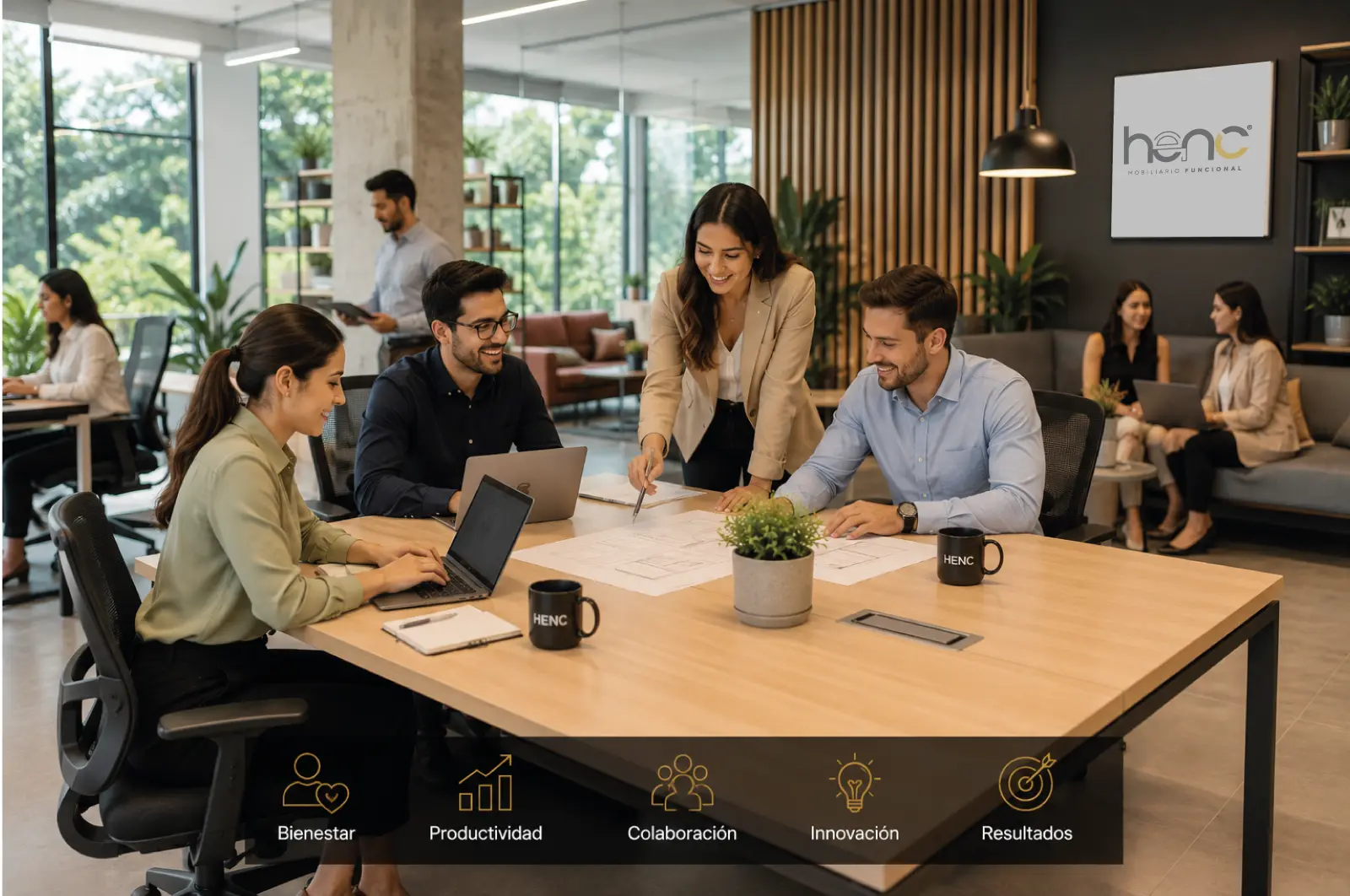 Equipo trabajando en oficina moderna con mobiliario ergonómico y espacios colaborativos
